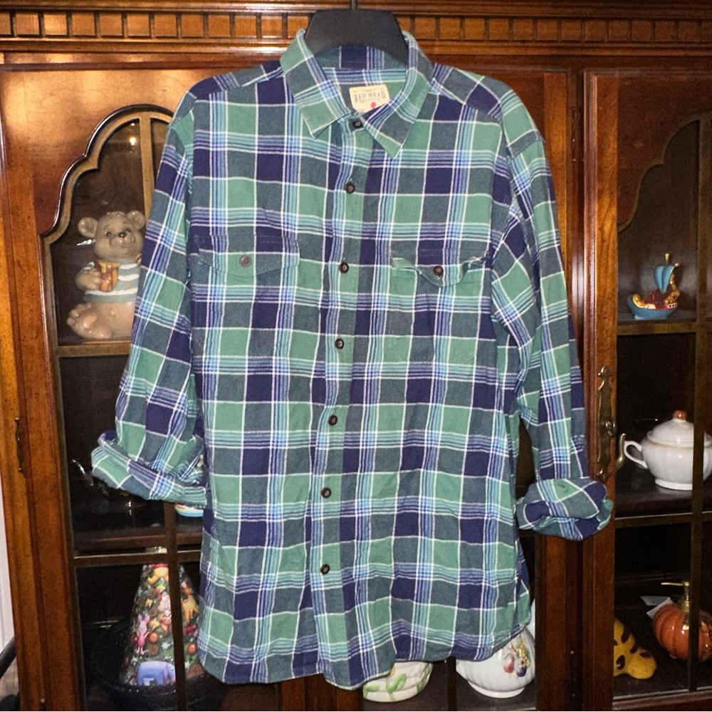 Red Head Men's Shirt Button Up Shirt Long Sleeve Green Plaid Flannel Size LARGE